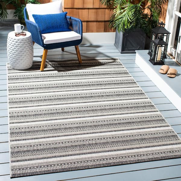 Courtyard Black/Gray Doormat 3 ft. x 5 ft. Striped Tribal Indoor/Outdoor Patio Area Rug