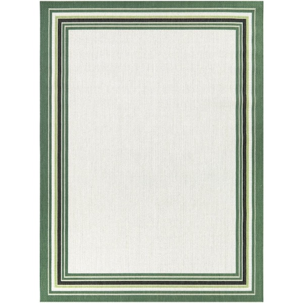 Hampton Bay Green 6 ft. x 9 ft. Striped Border Indoor/Outdoor Area Rug