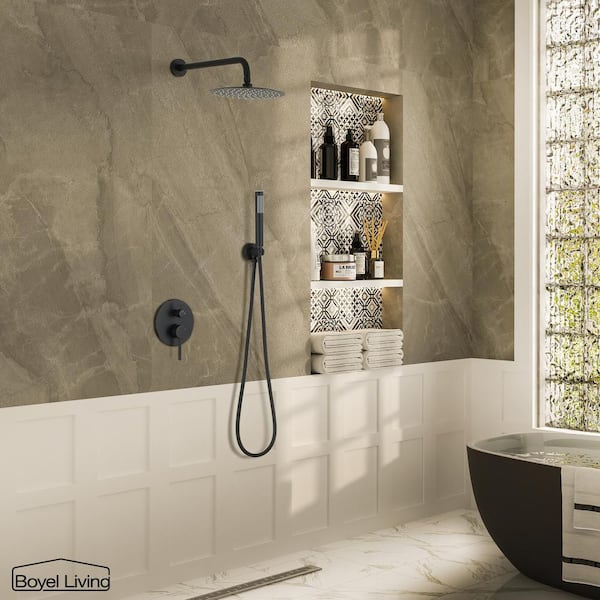 Boyel Living Exposed Pipe Complete Shower System 1-Spray Patterns with 2.5 GPM 8 in. Wall Mount Dual Shower Heads in Matte Black