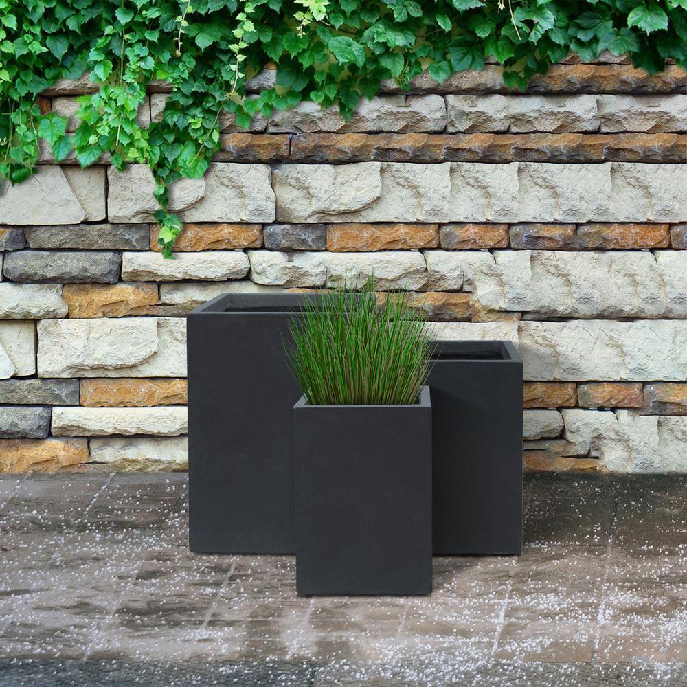 Charcoal Finish Concrete Tall Square Planter Set, 19", 16" and 13"H