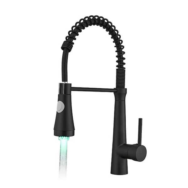 FLG LED Commercial Kitchen Faucet With Pull Down Sprayer Matte Black Single Hole Kitchen Sink Faucets 1 Handle Brass Taps