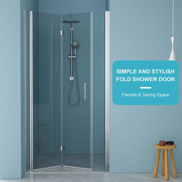 34 in. W x 72 in. H Bi-Fold Aluminum Frame Shower Door in Chrome with Clear Glass