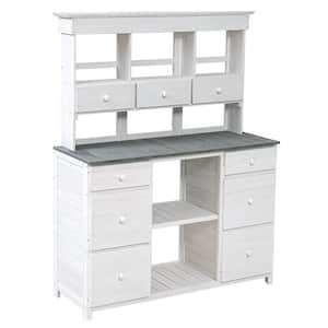 50.1 in. W x 65.7 in. H White and Gray Garden Potting Bench Table, with Multiple Drawers and Shelves for Backyard, Patio