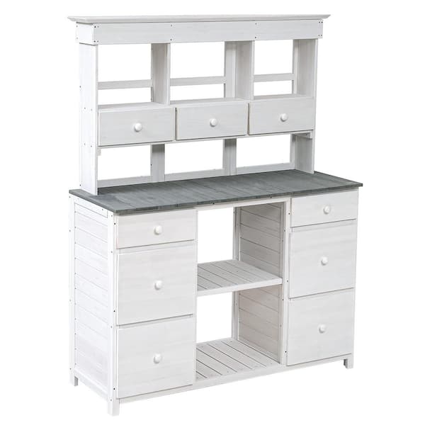 Zeus & Ruta 50.1 in. W x 65.7 in. H White and Gray Garden Potting Bench Table, with Multiple Drawers and Shelves for Backyard, Patio