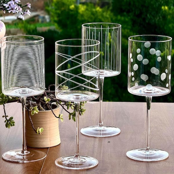 Wudkey Wine Glasses Set of 4, 16 oz. Cylindrical Red White Wine Glass, 9 in. Tall, etched, Lead-Free Premium Crystal