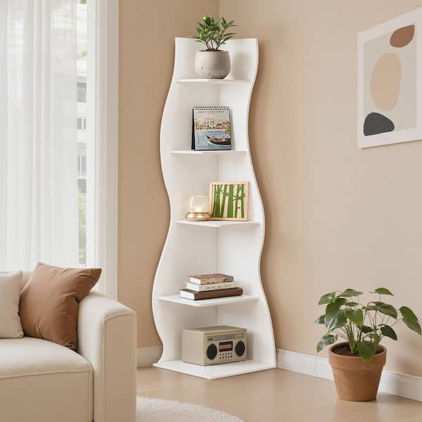 VECELO 5-Tier Wave Corner Bookcase in Black, 70 in. MDF Tall S
