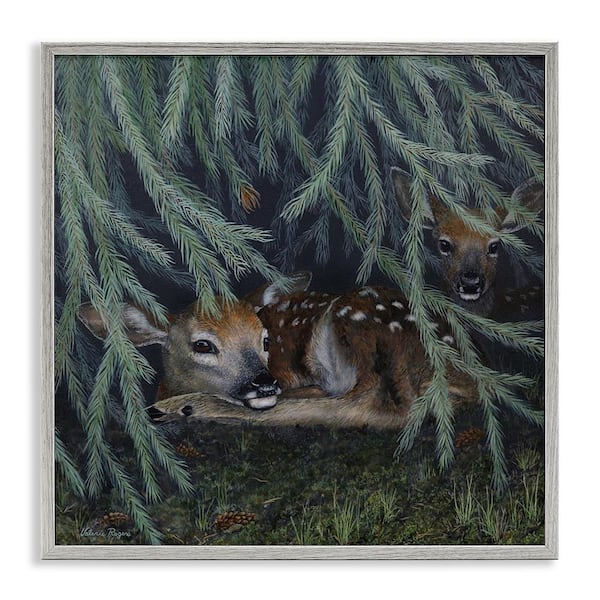 Deer Under Forest Tree by Valerie Rogers Gray Framed Animal Giclee Art Print 24 in. x 24 in.