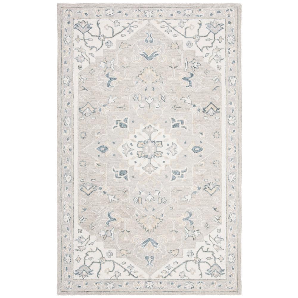 Light Grey and Ivory Hand-Tufted Wool Medallion Rug 4' x 6'