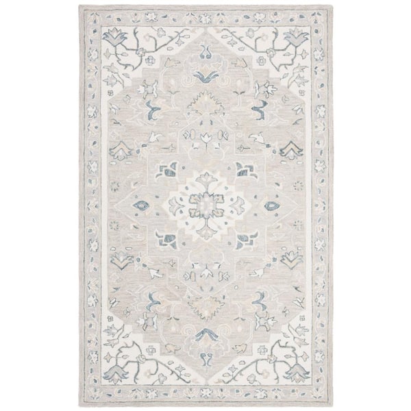 SAFAVIEH Micro-Loop Light Grey/Ivory 6 ft. x 9 ft. Medallion Border Area Rug