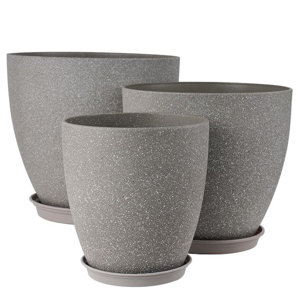 Large 15/13/10 inch White, Plastic Round Outdoor Flower Plant Pots with Saucer Drainage Hole Garden (3-Pack)