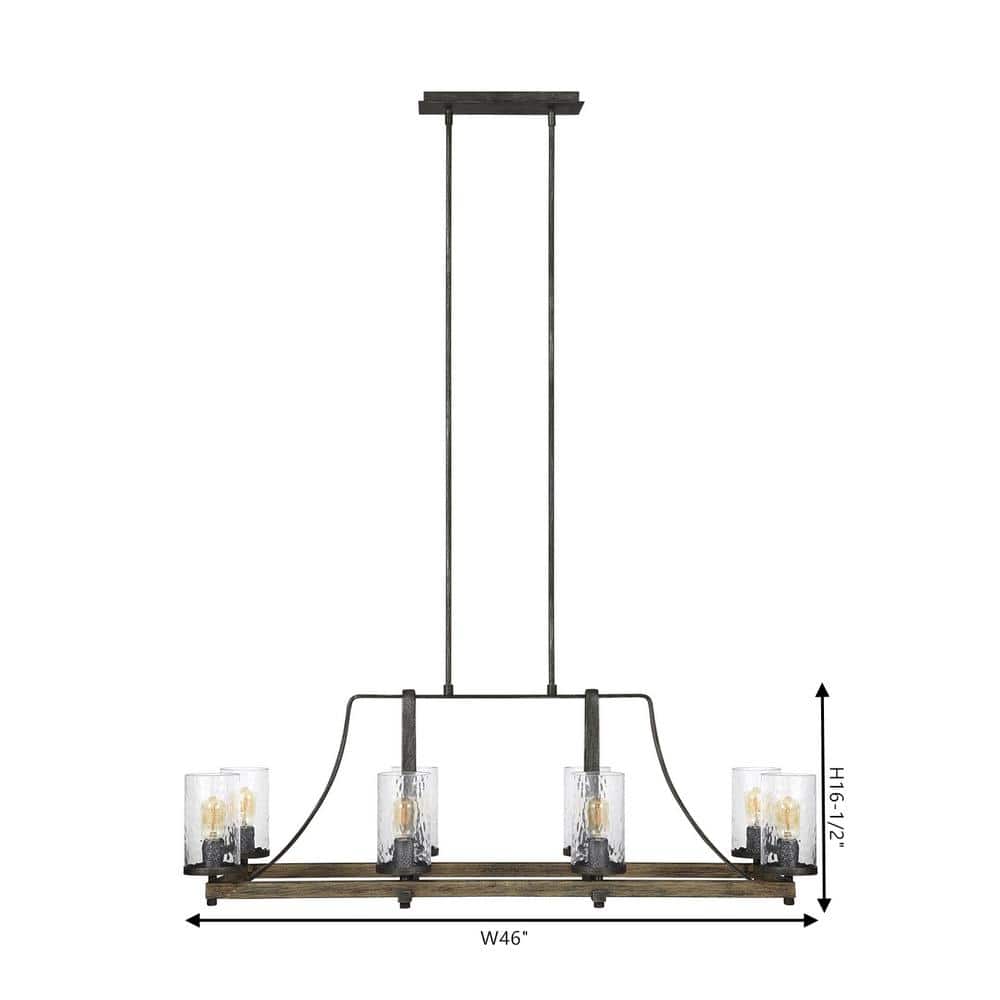 Rustic 8-Light Linear Chandelier in Distressed Weathered Oak and Slate Grey Metal