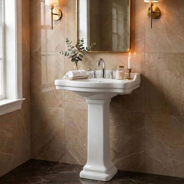 Roosevelt 22 in. Pedestal White Vitreous China Rectangular Vessel Sink with Overflow 8 in. Faucet Hole