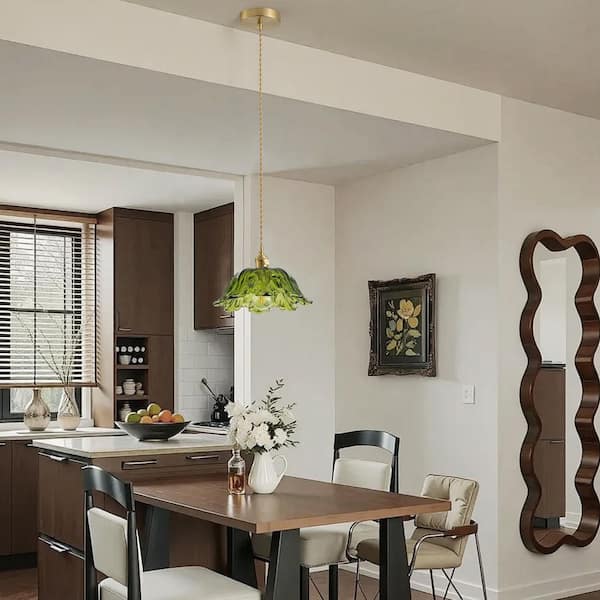 10.63 in. 40-Watt Vintage 1-Light Pendant Light Kitchen Island Ceiling Hanging Lamp with Green Glass Shade