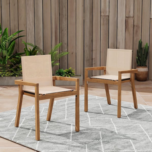 CHRISTOPHER KNIGHT HOME Maximilian Outdoor Patio Armchairs Beige Textile and Solid Wood Frame Dining Chairs, Teak, Set of 2