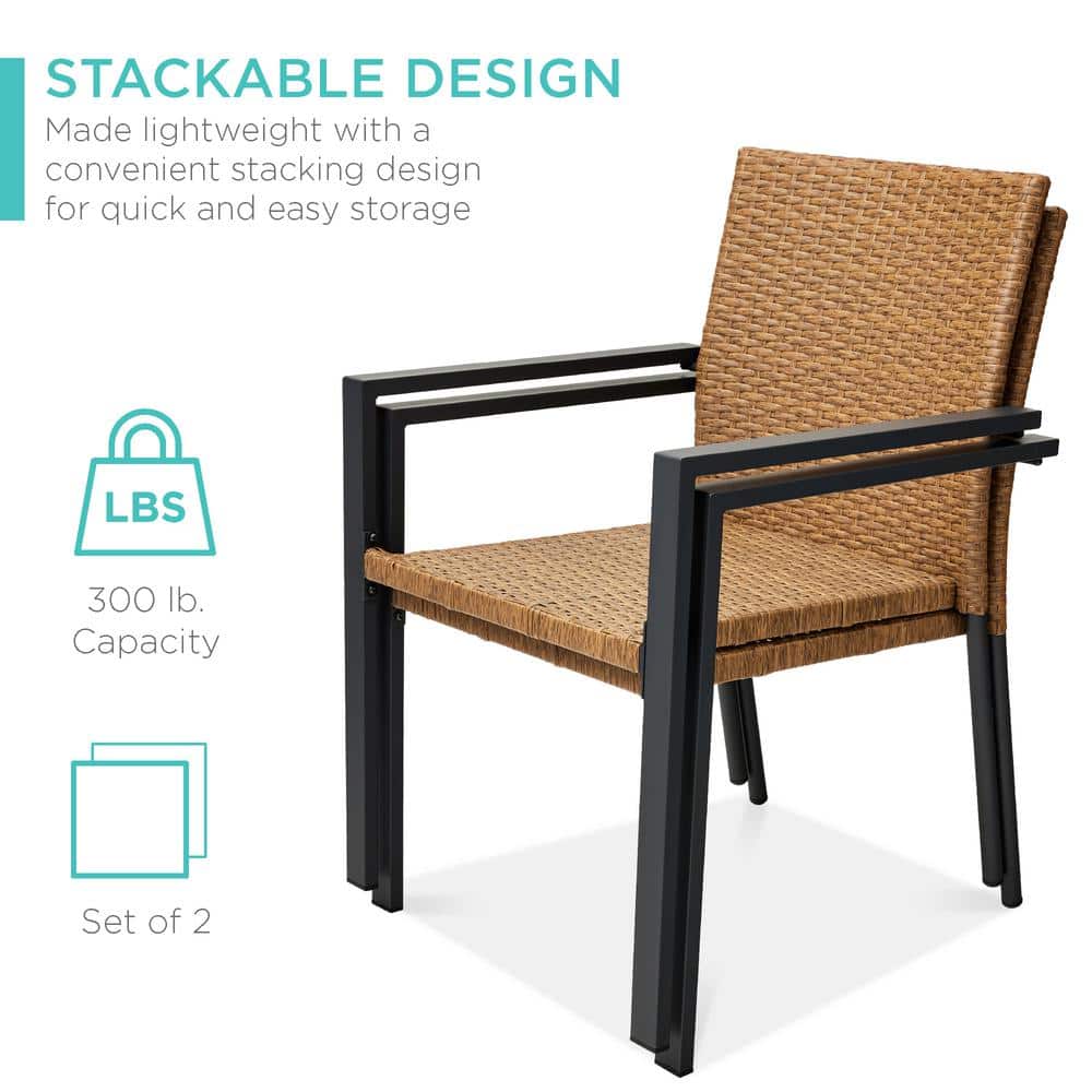 Natural Wicker and Steel Stackable Outdoor Dining Chairs, Set of 2