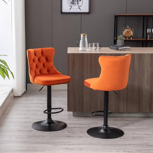 Modern Orange Metal Adjusatble Seat Height from 25-33 in. Swivel Velvet Barstools Set of 2
