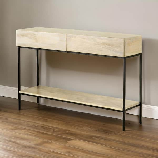 Benjara 12 in. Beige and Black Rectangle Wooden Console Table with Open Shelf and Sleek Straight Legs