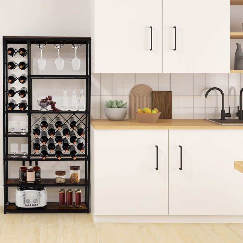 Costway Rustic Brown + Black 5+ Shelf Metal 32 in. W Baker's Rack ...
