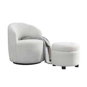 White Teddy Fabric Upholstered 360° Swivel Barrel Chair and Round Storage Ottoman Set Modern Armchair
