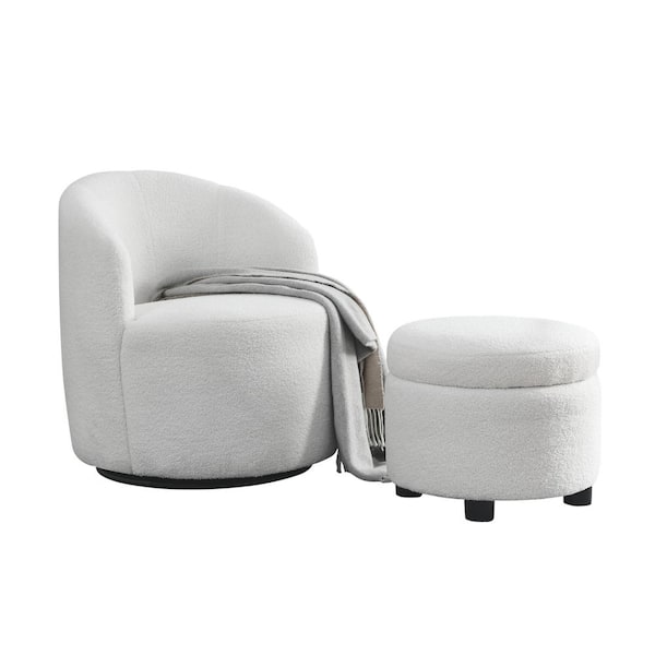 Unbranded White Teddy Fabric Upholstered 360° Swivel Barrel Chair and Round Storage Ottoman Set Modern Armchair