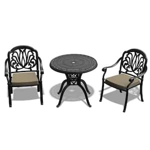 3-Piece Cast Aluminum Outdoor Bistro Set Rust-Proof Table Set with Umbrella Hole and Seat Cushions In Random Colors
