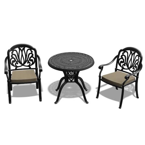 Anvil 3-Piece Cast Aluminum Outdoor Bistro Set Rust-Proof Table Set with Umbrella Hole and Seat Cushions In Random Colors