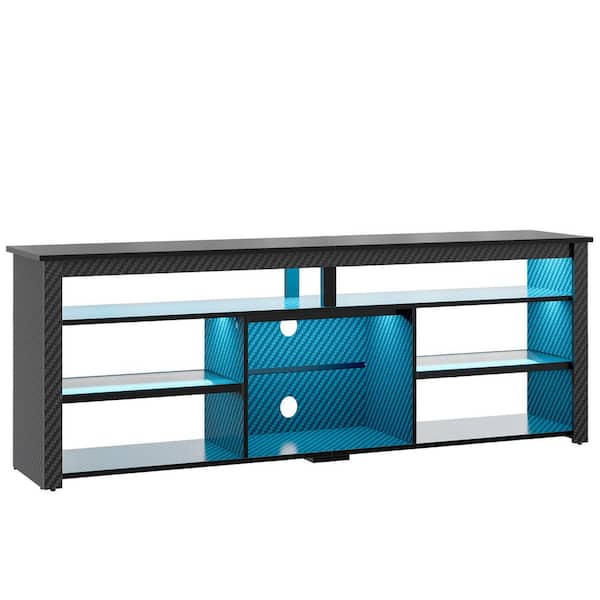 71 in. Carbon Fiber Black TV Stand Entertainment Center Fits TV's up to 75 in. with LED Lights and Adjustable Shelves