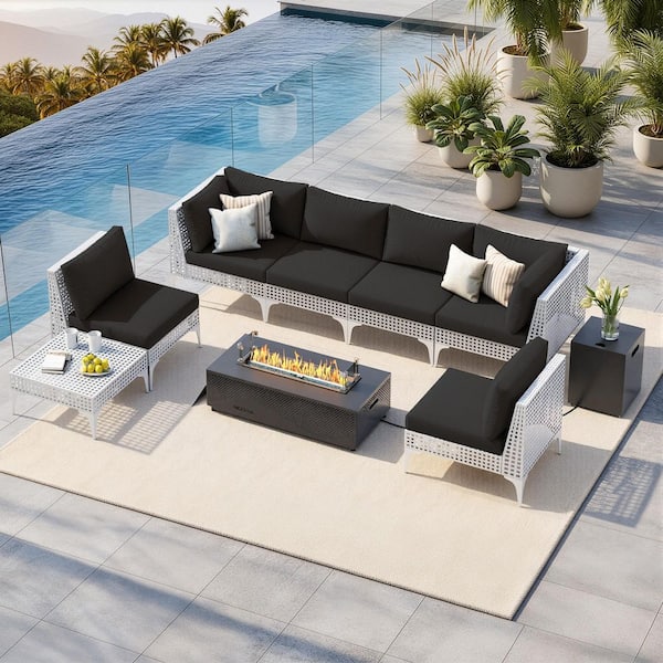 FINCATI 9-Piece Outdoor Fire Pit Patio Set Conversation Set with Plaid LED Fire Pit Table, Black Cushions and 2 Coffee Tables
