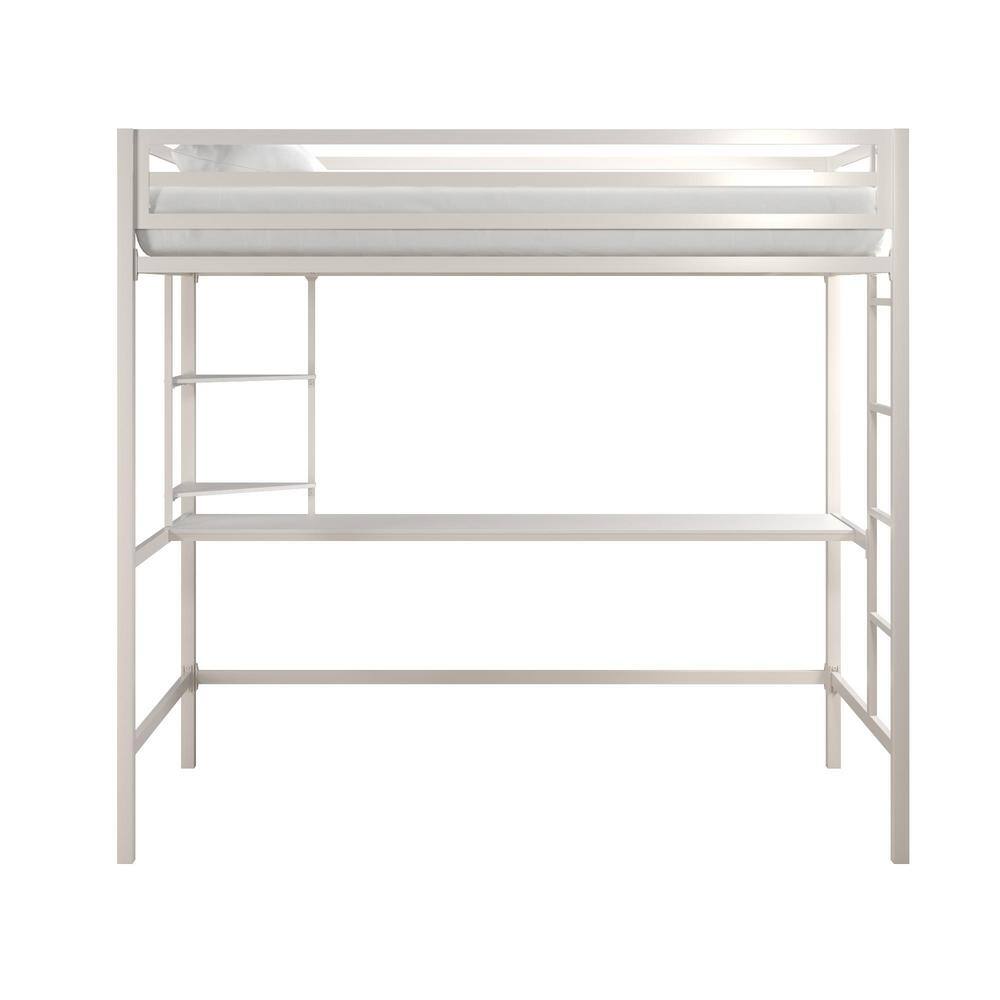 Off-White Twin Metal Loft Bed with Desk and Shelves