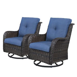 Outdoor Swivel Brown Wicker Outdoor Rocking Chair with CushionGuard Blue Cushions Patio (Set 2-Pack)
