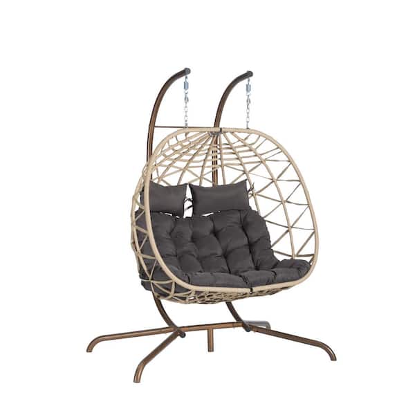 ITOPFOX 2-Person Light Yellow Outdoor Rattan Metal Porch Swing Hanging Chair Patio Wicker Egg Chair with Deep Gray Cushion