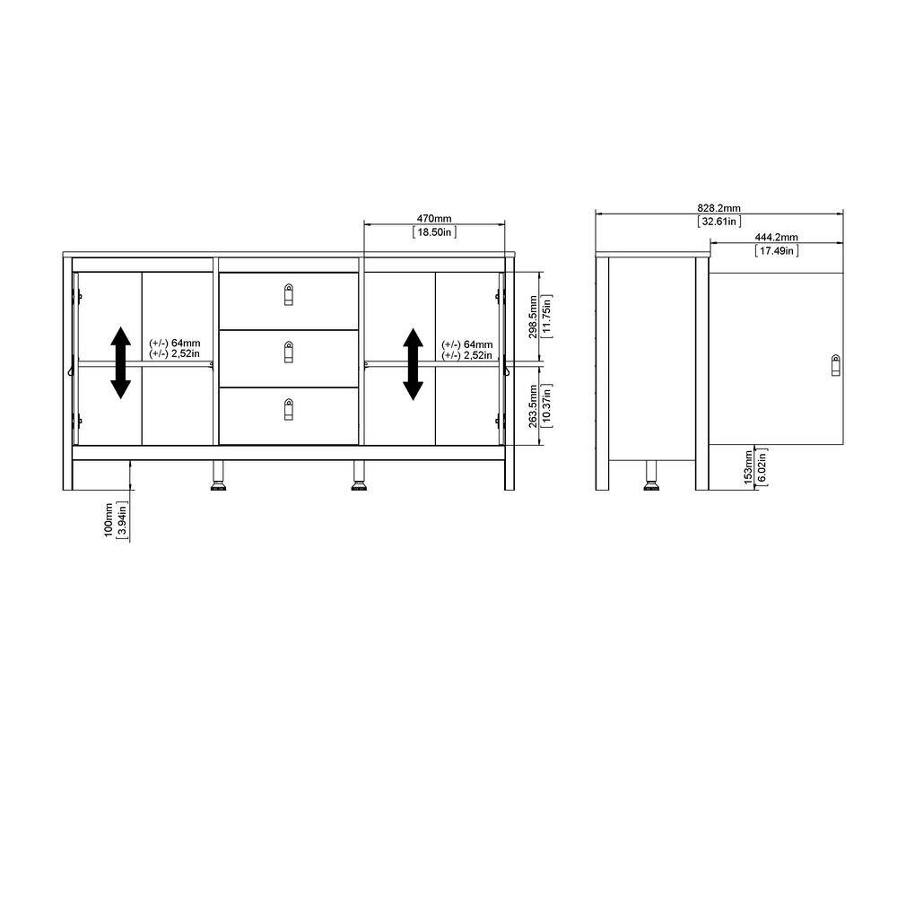 Madrid Black Matte 2 Door Sideboard with 3 Drawers