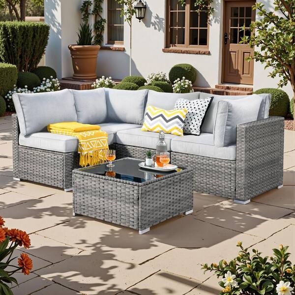 Sanibel Gray 5-Piece Wicker Patio Conversation Sofa Sectional Set with Light Gray Cushions