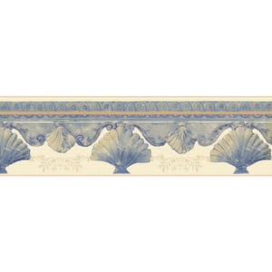 Falkirk Dandy Blue, Cream Shells, Scrolls Victorian Peel and Stick Wallpaper Border