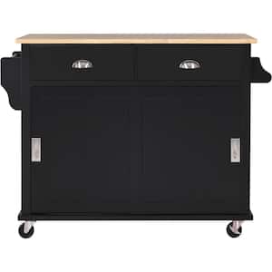 52 in. Black Kitchen Cart Island with Rubber wood Drop-Leaf Countertop for Kitchen Dining Room Bathroom