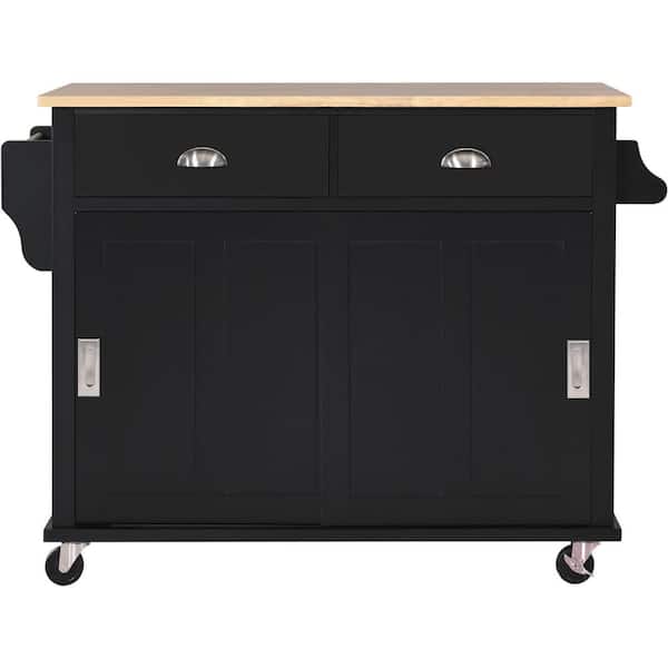 52 in. Black Kitchen Cart Island with Rubber wood Drop-Leaf Countertop ...