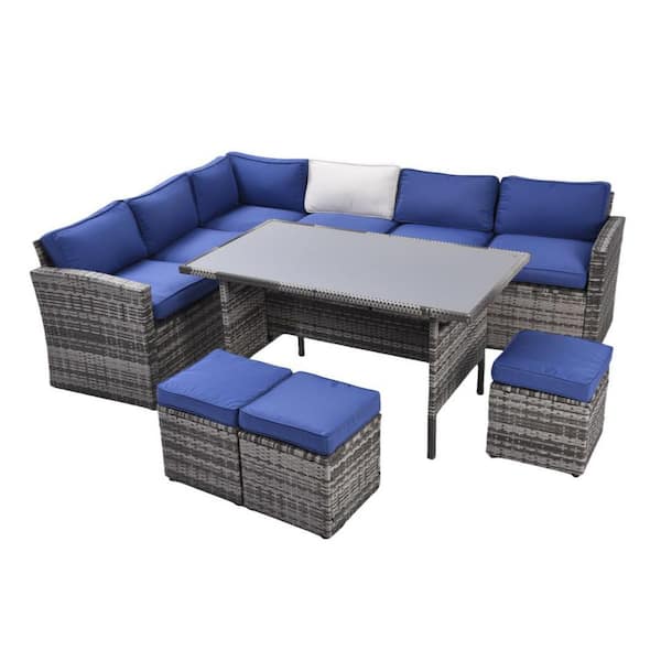 Unbranded Gray 7-Piece Wicker Outdoor Patio Conversation Set with Removable Dark Blue Cushion, Dining Table, Corner Chair, Ottoman