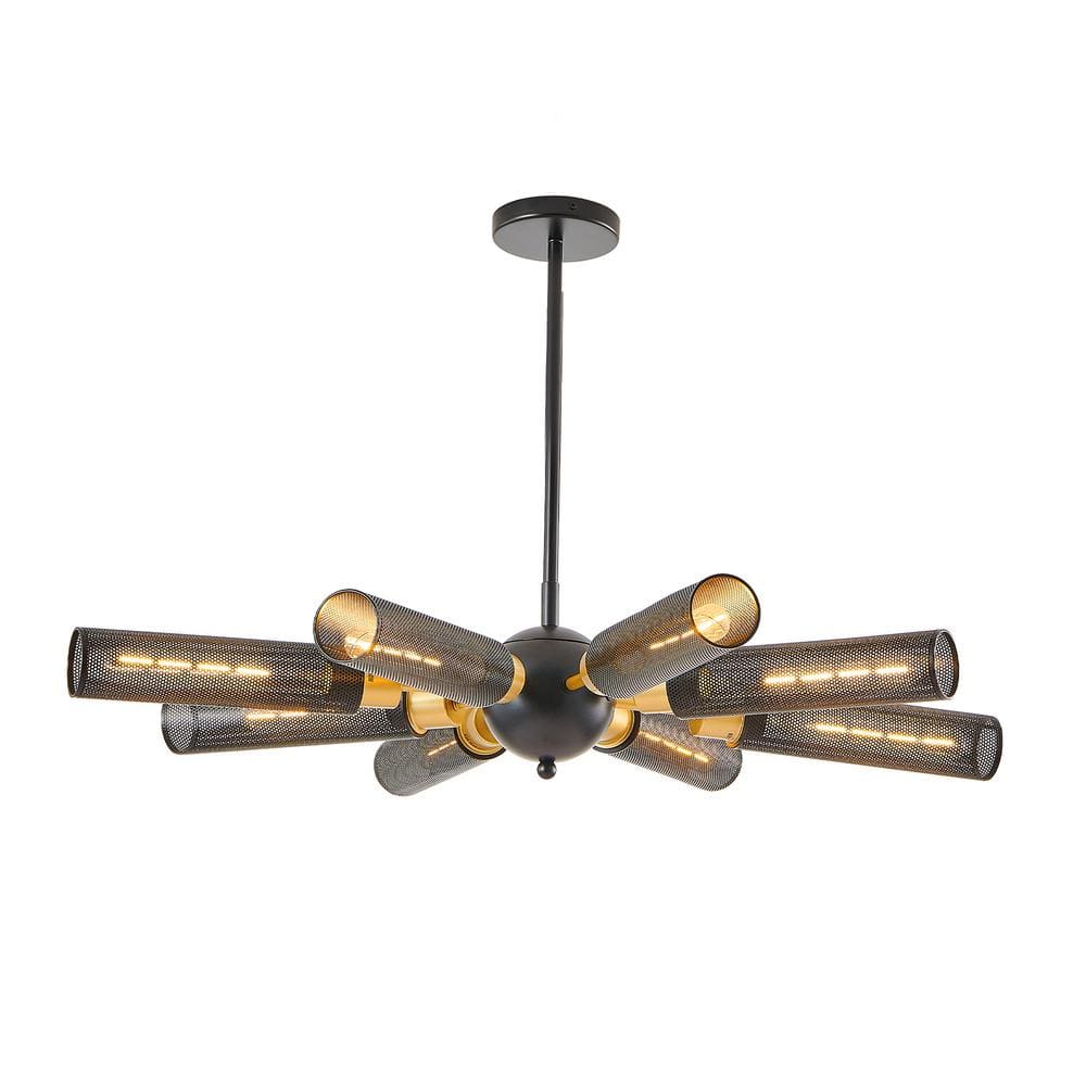 8 Light Black and Gold Pendant Chandelier for Living Room with Cylindrical 