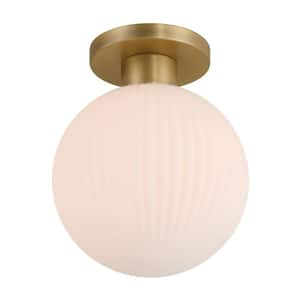 Fenton 10 in. 1-Light Legacy Brass Mid-Century Flush Mount with White Striped Glass Shade, No Bulb Included, (1-Pack)