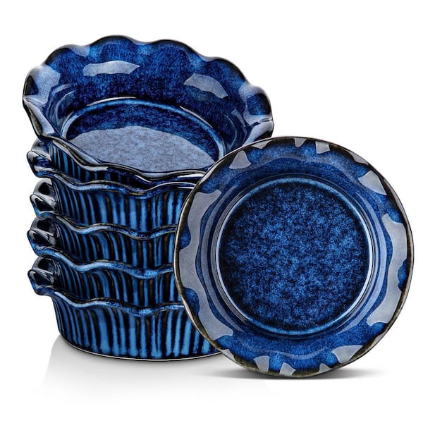 6-Piece Deep Dish Ruffled Edge Round Ceramic Pie Plate Set for Baking, Microwave and Oven Safe, Blue