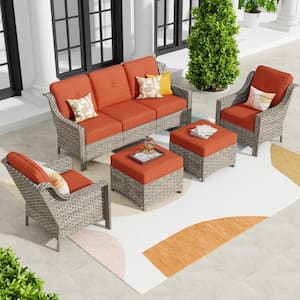Eureka Grey 5-Piece Wicker Modern Outdoor Patio Conversation Sofa Seating Set with Orange Red Cushions