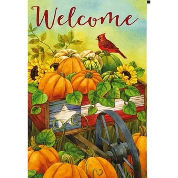 Meadow Creek 1 ft. x 1-1/2 ft. Pumpkin Wheelbarrow 2-Sided Suede Garden Flag