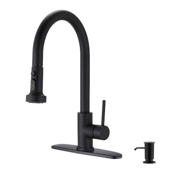 Nestfair Single Handle Pull Down Sprayer Kitchen Faucet with Soap Dispenser in Matte Black