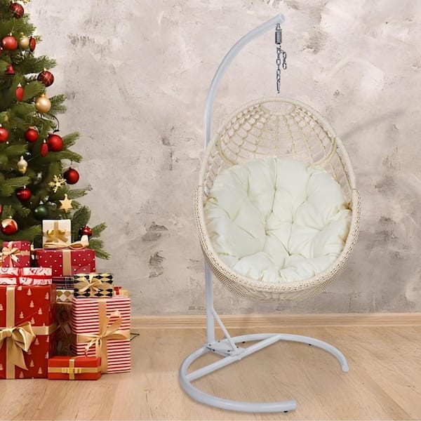 TWT Heavy-duty 37inch Cream Porch Swing Basket Egg Chair with Metal Stand and PE Rattan for 1 Person