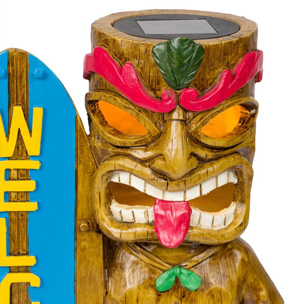 Solar Tiki Statue with Welcome Surfboard and LED Lights