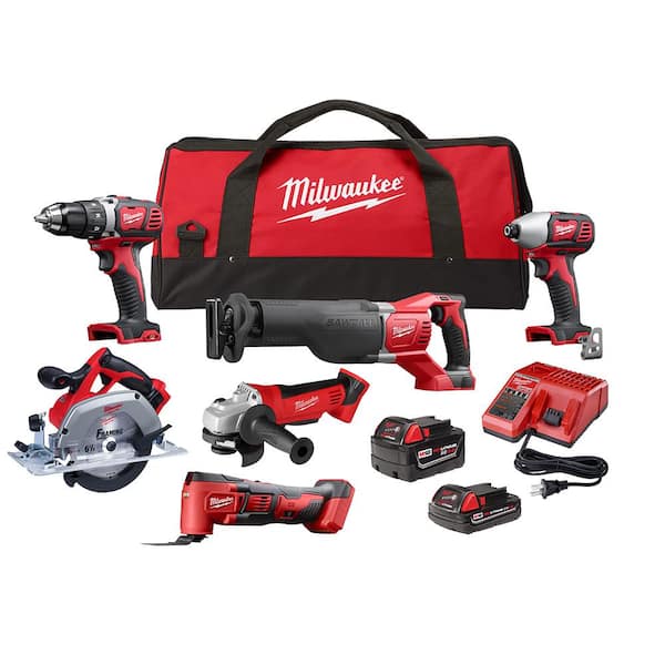 Milwaukee M18 18V Lithium-Ion Cordless Combo Kit (6-Tool) with Two Batteries, Charger and Tool Bag