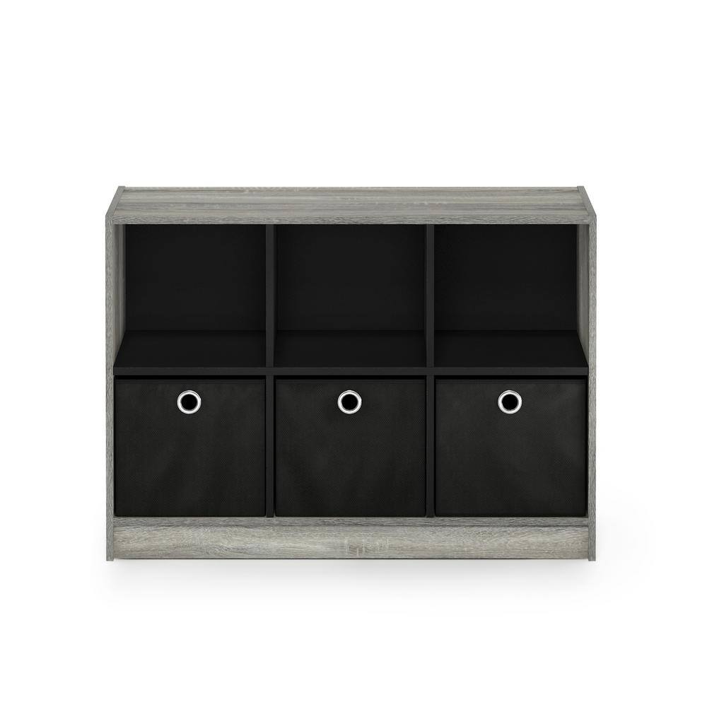 Gray Oak and Black 34" Modern Bookcase with Fabric Drawers