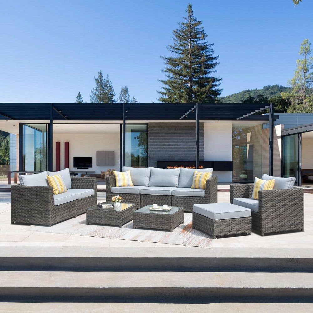 OVIOS Honory Gray 9Piece Big Size Wicker Patio Conversation Seating