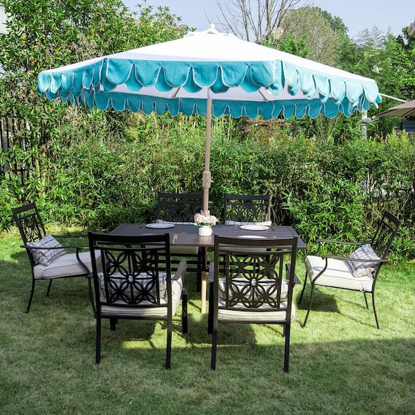 Black 7-Piece Metal Rectangular Outdoor Dining Set with Beige Cushions