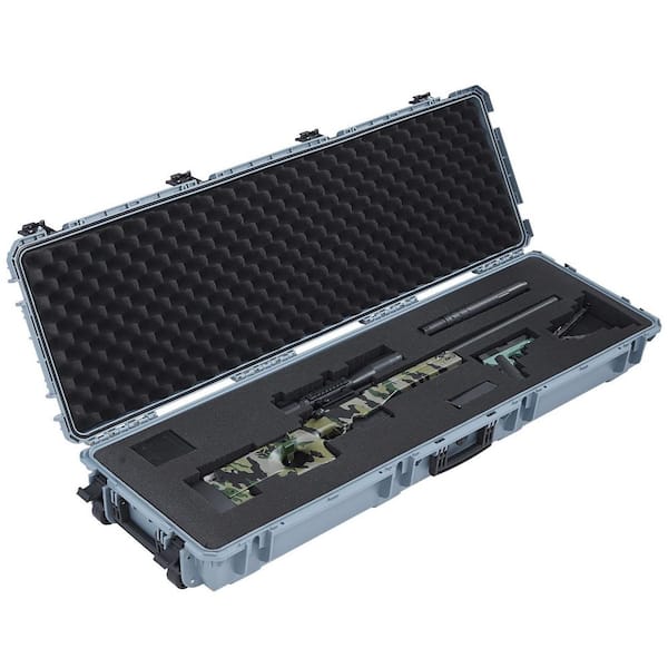 Hard Rifle Case, Grey, Lockable Rifle Case with Pre-cut Foams, 52 in. Gun Storage with Wheels, Heavy Duty Waterproof